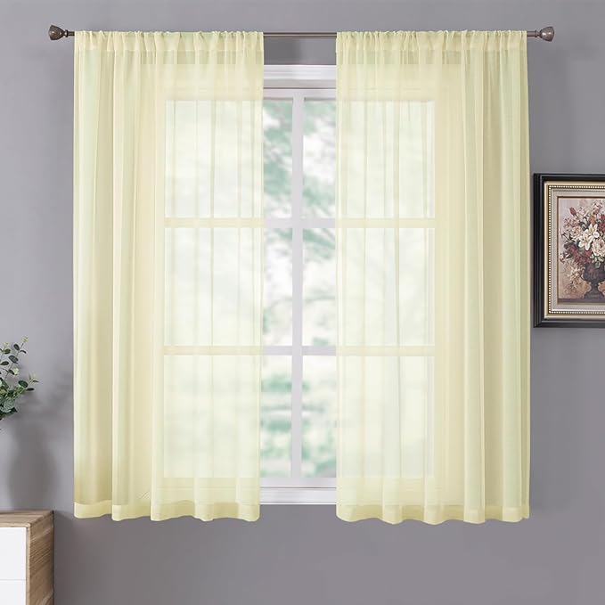 Tollpiz Sheer Curtains Living Room Linen Textured Curtain Sheers Light Filtering Voile Rod Pocket Curtains for Bedroom, 38 x 63 inches Long, Transparent Yellow, Set of 2 Panels