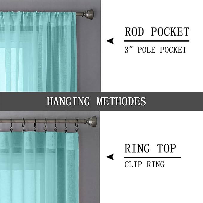 Tollpiz Sheer Curtains Linen Textured Living Room Curtain Sheers Light Filtering Rod Pocket Voile Curtains for Bedroom, 42 x 63 inches Long, Crystal Blue, Set of 2 Panels
