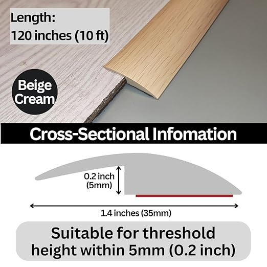 Floor Transition Strip Self Adhesive Carpet Wood Tile Vinyl Flooring Laminate Transition Cover Edge Trim Gap Doorway Threshold for Uneven Floors Heights Within 5 mm (120 inches, Beige Cream)