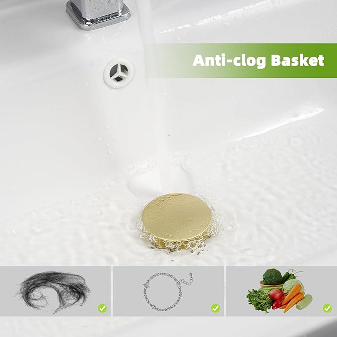 Universal 2PCS Bathroom Sink Stopper 2 in 1 Pop Up Metal Sink Drain Strainer with Hair Catcher, Fit for 1.1~2.36" Sink Basin Hole, Big Cover Cap, Anti-clog, Brushed Gold
