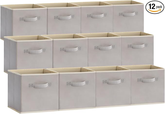 Lifewit 12 Packs Storage Cubes, 11 Inch Cube Storage Bins, Foldable Decorative Fabric Storage Baskets for Organizing Home Organizers with Handles for Shelves, Closet, Light Gray