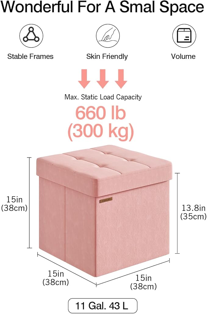 Folding Storage Ottoman, Velvet Storage Bench, Footrest, Footstool, for Living Room, Bedroom and Office,15 x 15 x 15 Inches, 300 kg Load Capacity,Jelly Pink,UASND04P