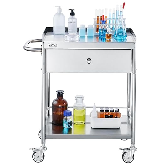 VEVOR Medical Cart, 2-Layer Stainless Steel Cart 220 lbs Weight Capacity, Lab Utility Cart with 360° Silent Wheels and a Drawer for Lab, Clinic, Kitchen, Salon, 141002