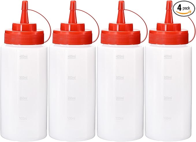 Condiment Squeeze Bottles Ketchup Dispenser, 4 Pack 16oz Squeeze Bottles for Liquids, Plastic Sauce Bottle with Cap Lid, Squirt Bottles for Sauces Liquids BBQ Dressing Pancake Art