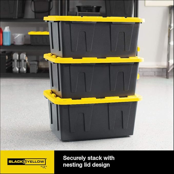 CX Black & Yellow, Shelving Unit and Heavy Duty Storage Containers, Extremely Durable (Shelf + 27 Gallon Container (4-Pack))