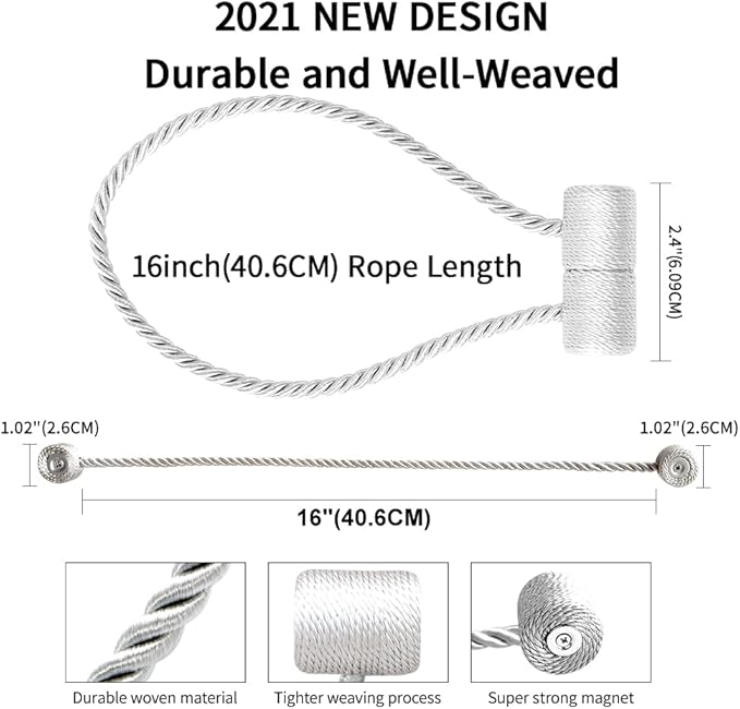 18 Inch Strong Magnetic Curtain Tiebacks, Curtain Holdbacks Modern Upgrade Strong 2021 New Twisted Style Decorative Drapery Rope Tie Backs(2 Pack White)