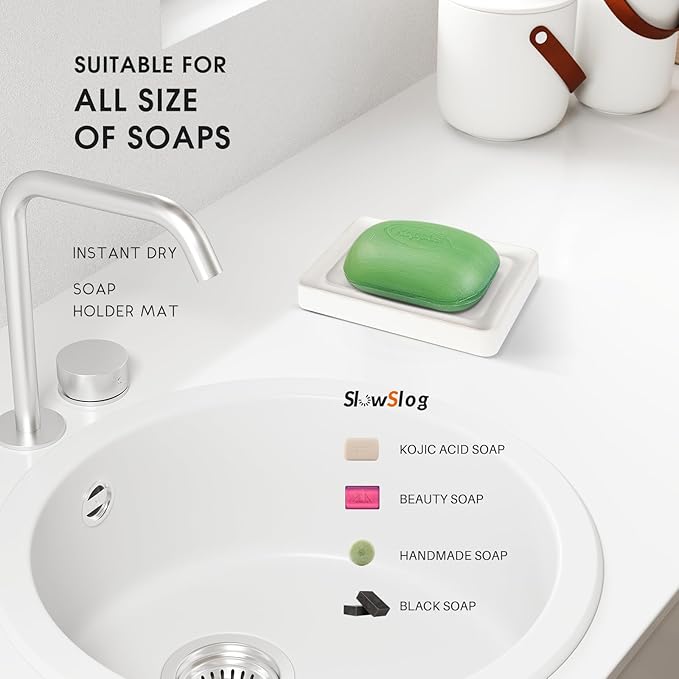 2 Pack Diatomite Soap Trays, Fast Drying Stone Soap Dishes, Natural Diatomaceous Earth Soap Holders, Quick-Dry Rectangular Soap Savers for Bath & Kitchen, White