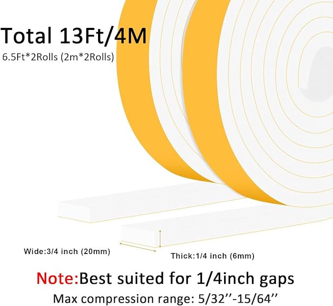 Closed Cell Foam Weather Stripping for Various Door Seal and Window Insulation, One Sided Foam Strips Adhesive, SoundProof Weatherproof AC Seal Strip, Shock-Absorbing (3/4 in x 1/4 in x 13Ft)