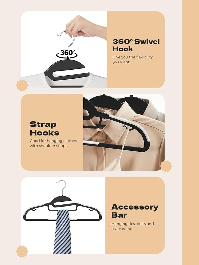 HOUSE DAY Black Plastic Hangers 30 Pack, Slim Space Saving, Non Slip Clothes Hangers with Rubber Pads, Sturdy Heavy Duty Coat Hanger for Closet, S-Shaped Hanger for Shirt, Suit, Pant, Skirt