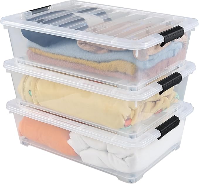 25 Quart Plastic Under Bed Storage Boxes, Wheeled UnderBed Storage Container, 3 Pack, Clear
