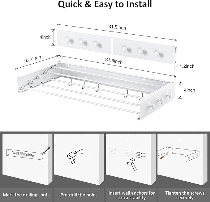 Drying Rack Clothing,Clothes Drying Rack Wall Mounted,Laundry Drying Rack Wall Mount,Foldable,Collapsible,60 lb Capacity 5 Aluminium Poles with 12 Hooks,Space Saving Clothes Drying Rack,White 31.5"