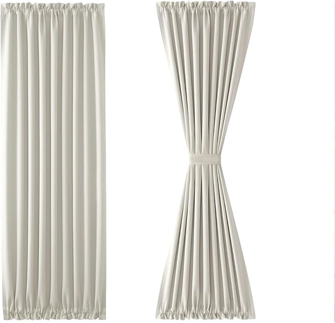 DWCN French Door Curtains – Rod Pocket Thermal Blackout Curtain for Doors with Glass Window, Kitchen and Patio Doors for Privacy, 54 X 72 Inches Long, 1 Curtain Panel with Tieback, Ivory