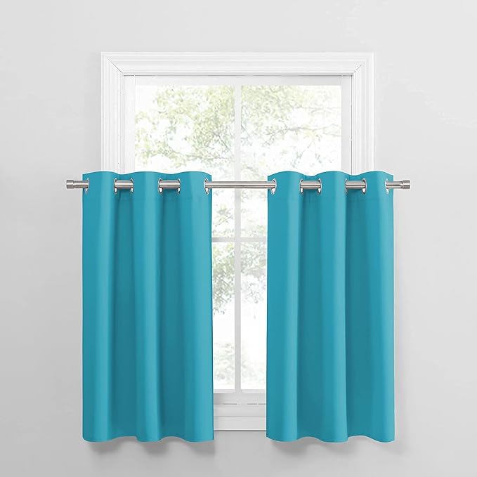 PONY DANCE Bathroom Window Valances - (42 by 36 inches, Blue Mist, 2 Panels) Room Darkening Tier Curtains Short Panels Drapes for Small Half Window Decoration in Kitchen