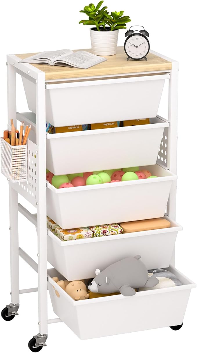 Rolling Cart with Drawers, Rolling Storage Cart with 5 Large Plastic Drawers & Wooden Tabletop, Utility Cart with Pegboards & Basket, Storage Drawers Cart for Living Room, Classroom, Bedroom, Office
