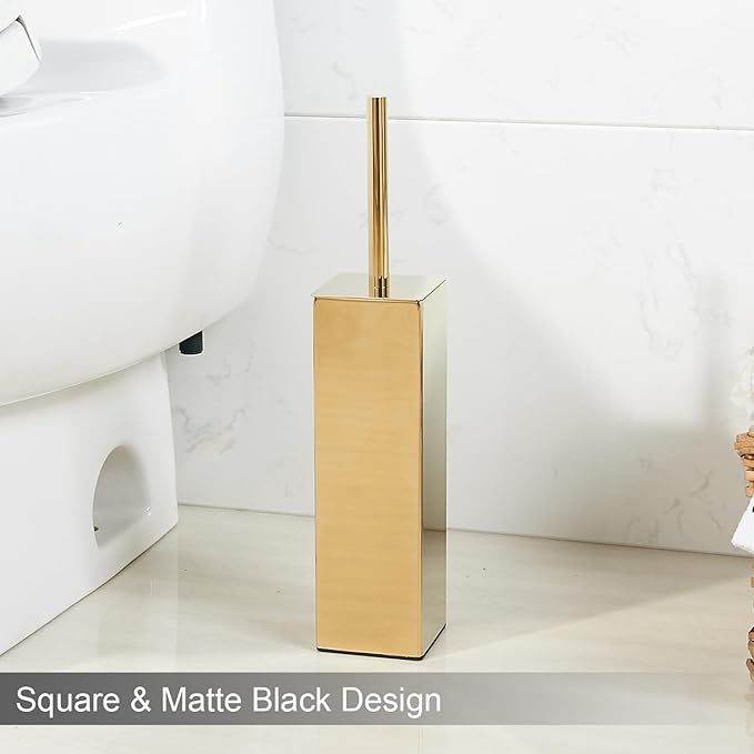 Gold Square Stainless Steel Toilet Brush with Holder, 304 Modern Toilet Brush Set – Rust Resistant, Long Handle, Replacement Heads, Floor Standing Bathroom Toilet Cleaning Brush