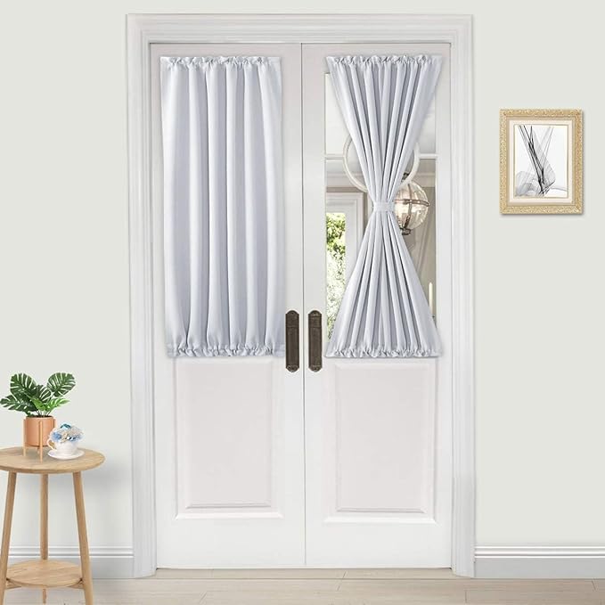 DWCN French Door Curtains – Rod Pocket Thermal Curtain for Doors with Glass Window, Kitchen and Patio Doors for Privacy, 25 X 40 Inch Length, 1 Curtain Panel with Tieback, Greyish White