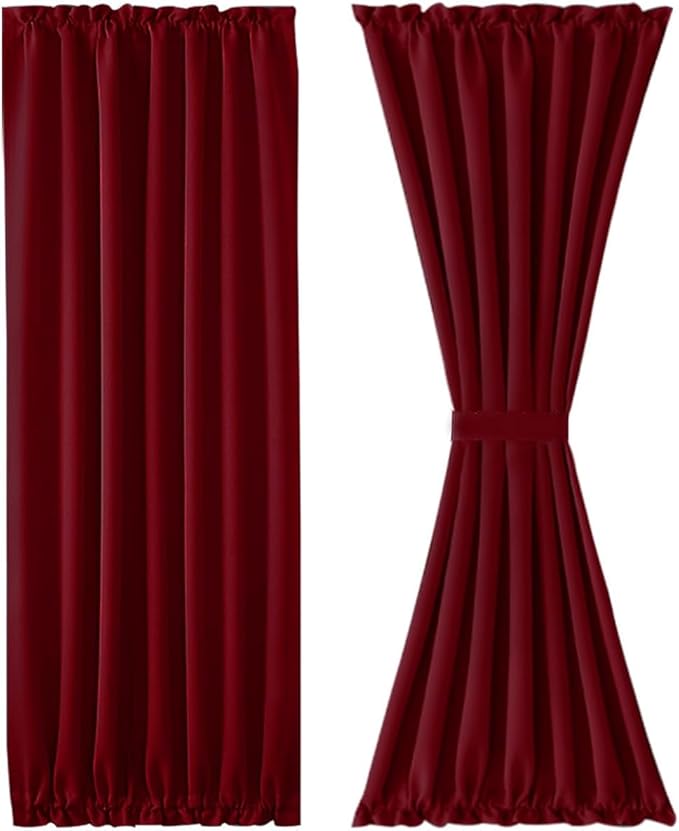 DWCN French Door Curtains – Rod Pocket Thermal Blackout Curtain for Doors with Glass Window, Kitchen and Patio Doors for Privacy, 36 X 80 Inches Long, 1 Curtain Panel with Tieback, Burgundy