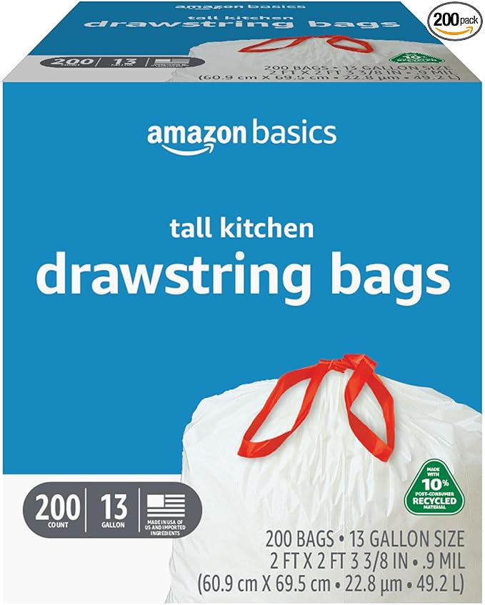 Amazon Basics 13 Gallon Tall Kitchen Drawstring Trash Bags, Unscented, 10% Post Consumer Recycled, 200 Count