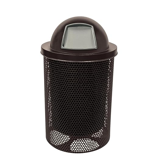 COATEDOUTDOORFURNITURE RDT-P-BRW Heavy Duty Round Trash Receptacle with Dome Top, Liner Included, 32 Gallon, Brown, Made in America