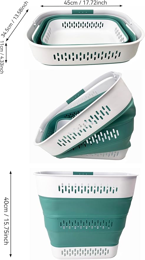 SAMMART 40L (10.5 Gallon) Collapsible Plastic Laundry Basket with Handles - Foldable Pop Up Storage Container/Organizer - Portable Laundry Hamper - Space Saving (1, White/Celadon Green)