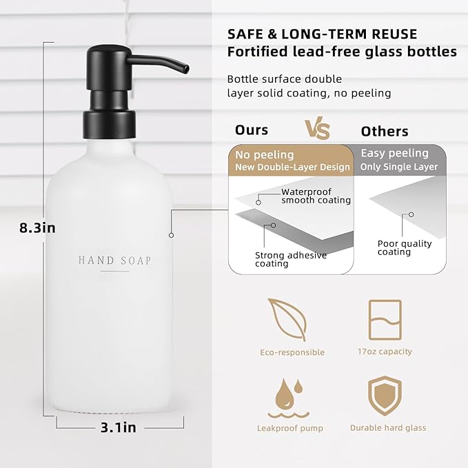 Glass Soap Dispenser - Dish Hand Soap Dispenser for Kitchen Set, Bathroom Soap Lotion Dispenser with 304 Rust Proof Pump, Tray, White Bottle/Black Pump