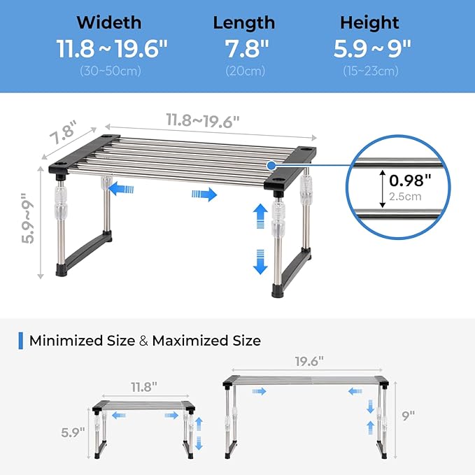 carrotez Expandable Cabinet Organizer, Set of 1 Width & Height-Adjustable Kitchen Cabinet Organizer Shelf, Stackable Kitchen Counter Shelf, 11.8~19.6 x 7.8 x 5.9~9" Black
