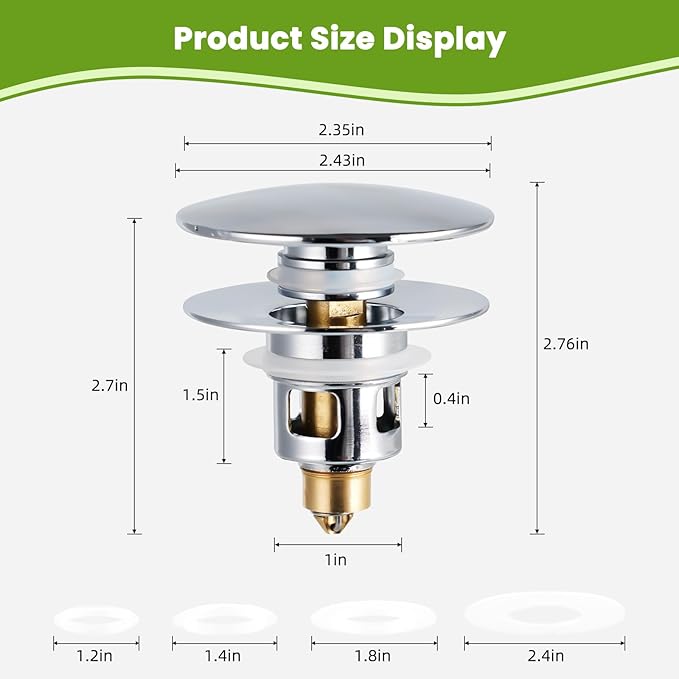 Universal 2PCS Bathroom Sink Stopper 2 in 1 Pop Up Metal Sink Drain Strainer with Hair Catcher, Fit for 1.1~2.36" Sink Basin Hole, Big Cover Cap, Anti-clog, Chrome