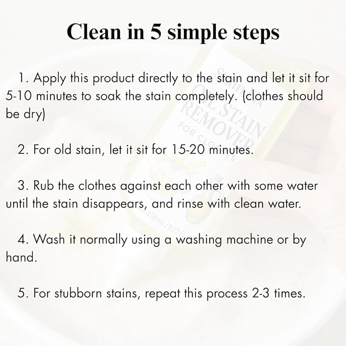 Instant Oil Stain Remover for Clothes (8.72oz) - Fabric Stain Remover For Cooking, Engine, Dried Oil And Grease Stains - Safe for All Fabric Types