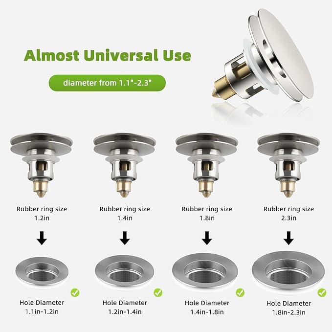 Universal 2PCS Bathroom Sink Stopper 2 in 1 Pop Up Metal Sink Drain Strainer with Hair Catcher, Fit for 1.1~2.36" Sink Basin Hole, Big Cover Cap, Anti-clog, Brushed Nickel