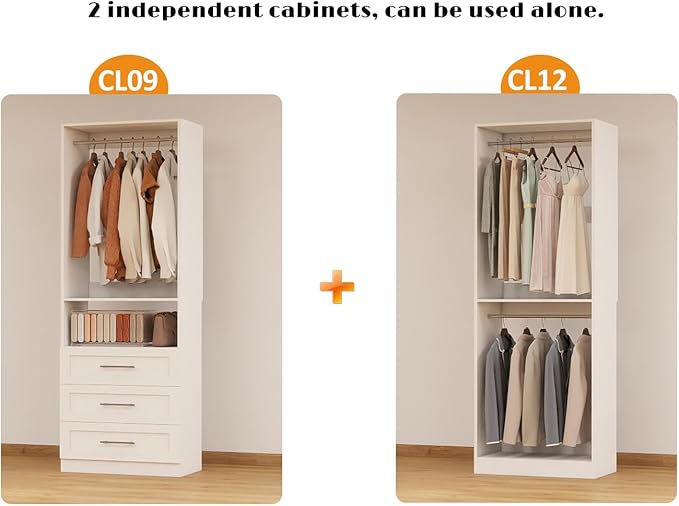Closet System with 2 Sets, 4FT Closet Organizer Systems with 3 Wooden Drawers & 5 Hanging Rods, Walk in Closet Standalone Corner Closet System Modular Closet System Set White (4FT)
