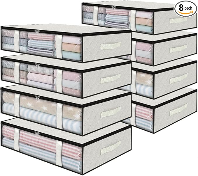 StorageRight Under Bed Storage Bins, 8-Pack 40L Foldable Fabric Storage Bags with Transparent Window, Breathable Organizer for Clothes/Blanket/Comforter/Quilt, White