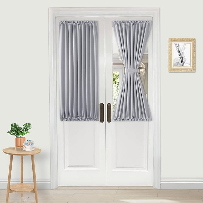 DWCN French Door Curtains – Rod Pocket Thermal Blackout Curtain for Doors with Glass Window, Kitchen and Patio Doors for Privacy, 25 X 40 Inches Long, 1 Curtain Panel with Tieback,Silver Grey