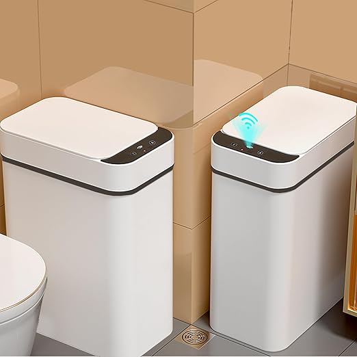 Yatmung 2 Pack - 2.5 Gallon Smart Trash Can Sensor Motion Slim Touchless Bathroom Trash Can - Skinny Trash Bin with Lid - Electric, Narrow, Plastic, Auto Open - Small Automatic Garbage Can (White)