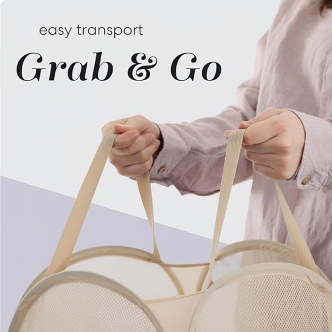 Handy Laundry Collapsible Mesh Pop Up Hamper with Wide Opening and Side Pocket - Breathable, Sturdy, Foldable, and Space-Saving Design for Clothes and Storage (Beige)