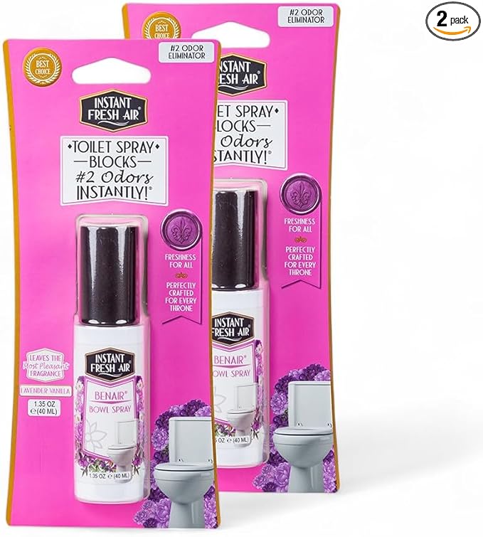 2-Pack: Superior Toilet Spray with Instant Odor Elimination, Lavender Vanilla Fragrance, Odor Eliminator Bathroom Spray, Travel Size, Long-Lasting, Eco-Friendly, 1.35 Oz. - INSTANT FRESH AIR