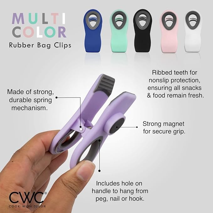 COOK WITH COLOR Bag Clips - Heavy Duty Chip Clip and Refrigerator Magnet Clips for Food Storage with Air Tight Seal Grip, Multi, Pack of 8