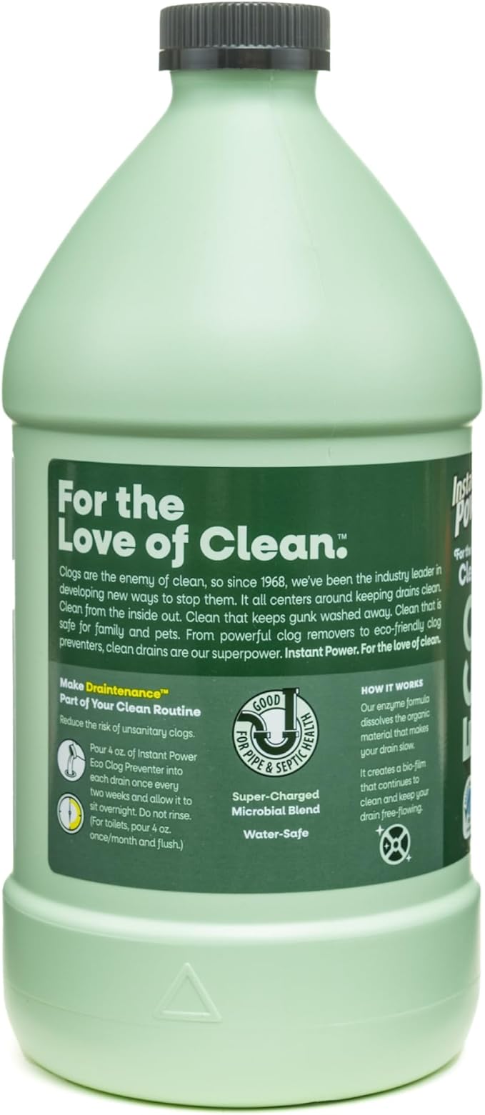 Instant Power Eco Clog Preventer - Enzyme Drain Cleaner Liquid and Deodorizer for Sink, Shower, Toilet, Garbage Disposal Cleaner, Bio-Based Drain Defense, Smell Remover and Odor Eliminator - 2 Liters