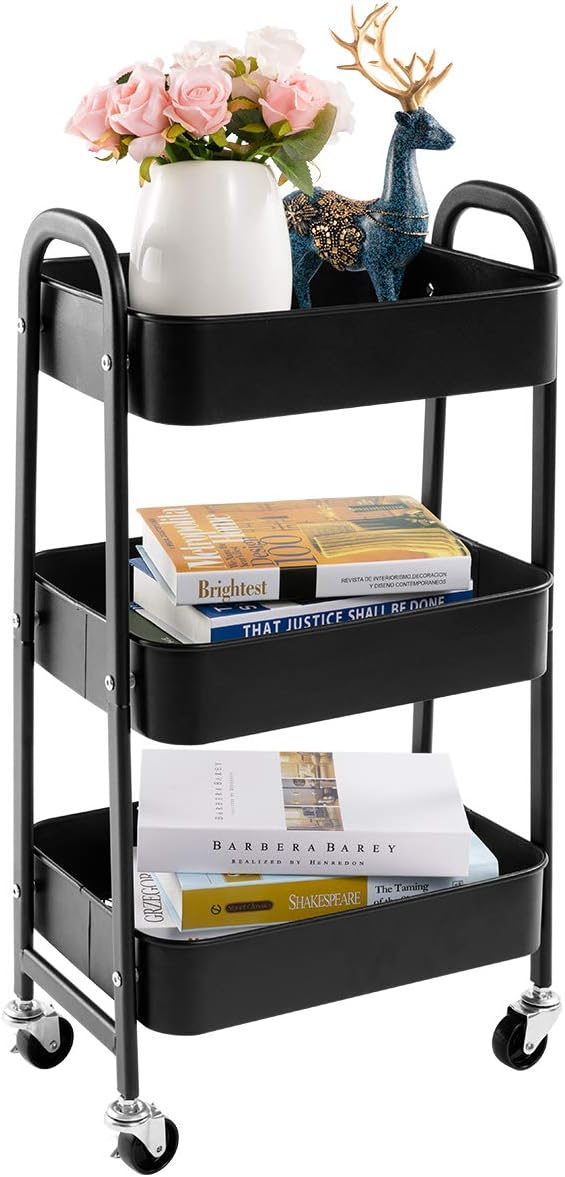 AGTEK Makeup Cart, Movable Rolling Organizer Cart, Black 3 Tier Metal Utility Cart