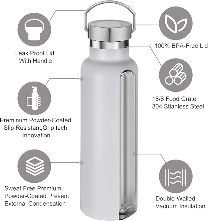 Neihepal White Stainless Steel Water Bottles,20 Ounce Vacuum Insulated Double Wall Travel Bottle with Leak Proof Lid of Handle,Metal Reusable Standard Mouth Flask Thermoses for School,Hikers,Gift