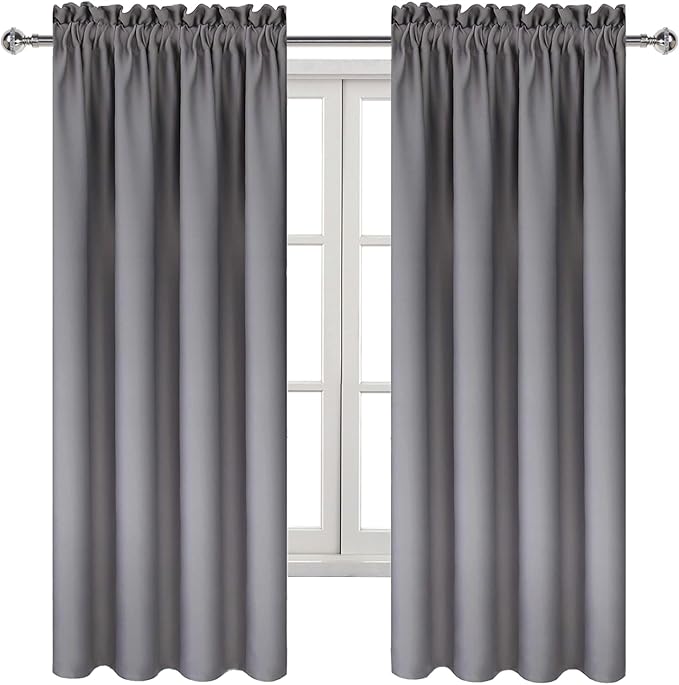 DWCN Grey Room Darkening Blackout Curtains - Rod Pocket Thermal Insulated Privacy Energy Saving Window Curtain Drapes 42x 72 inch Length, Set of 2 Bedroom Living Room Curtains