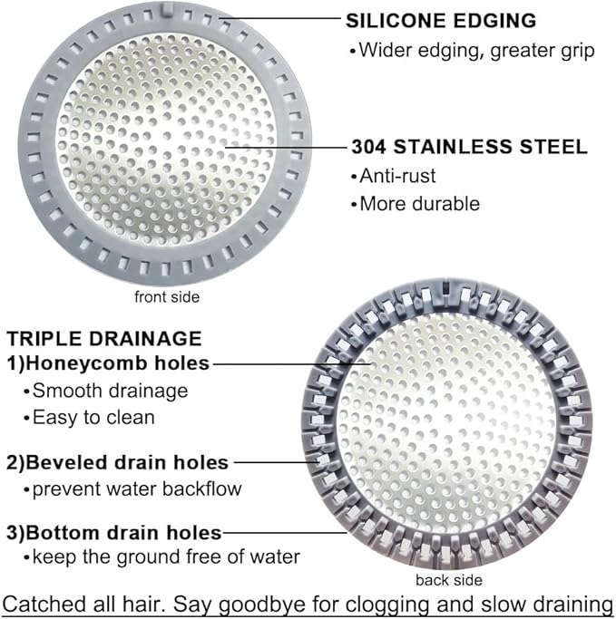 2PCS Shower Drain Hair Catcher, Shower Drain Strainer, Stainless Steel with Silicone Edging, 4.75 Inch Diameter