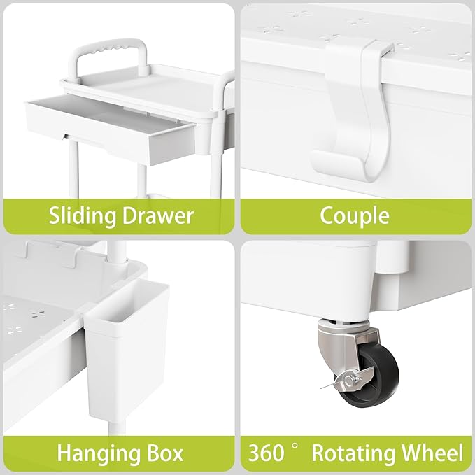 3 Tier Rolling Cart Organizer,Laundry Room Bathroom Organizers and Storage Office Shelves Mobile Shelving Unit Kitchen Trolley Cart with Wheels for Art,Craft,Diaper,Bedside,Snack(White)