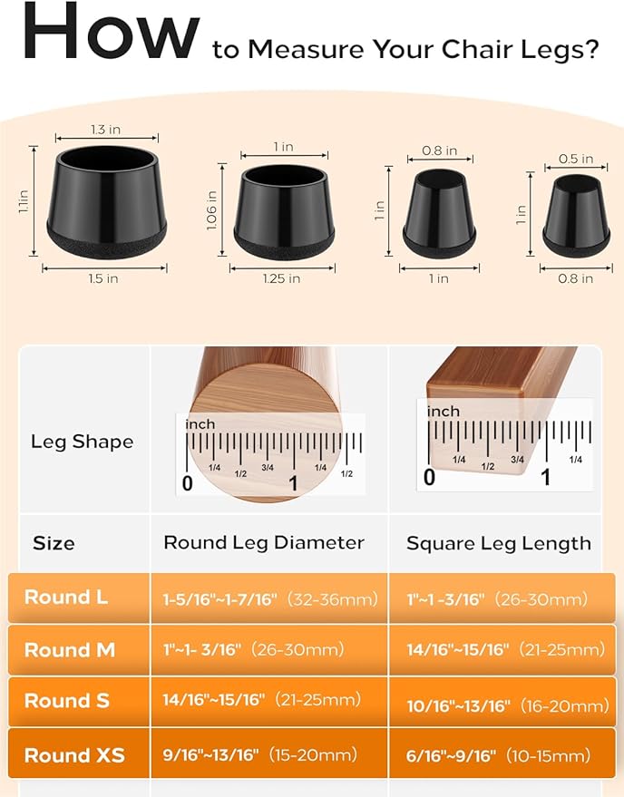 24-Pack Silicone Chair Leg Floor Protectors for Hardwood Floors -Felt Furniture Pads, Rubber Chair Leg Covers/Caps - No Noise & Scratch-Proof - Round Large (Fits 1 5/16"-1 7/16" / 32-36mm), Black