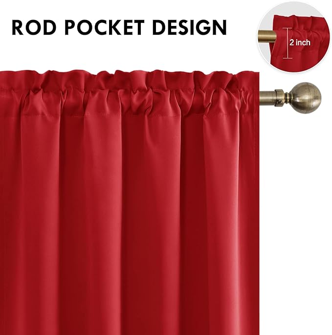 DWCN Blackout Curtains for Living Room Thermal Insulated, Energy Saving & Noise Reducing Bedroom Curtains, Red, W 52x L 36 Inch, Set of 2 Rod Pocket Curtain Panels