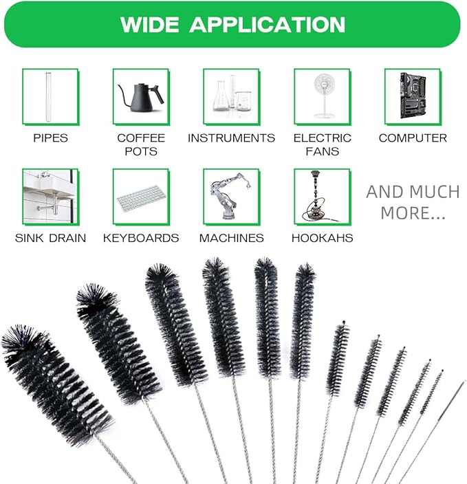Straw Cleaner Brush Set,12 Pieces Extra Long Pipe Water Bottle Brushes for Cleaning Reusable Drinking Straws,Bird Feeders,Pipes,Black (12pcs Different diameters Set)