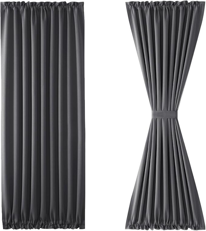DWCN French Door Curtains – Rod Pocket Thermal Blackout Curtain for Window/Patio Doors/Doorways/Classroom/Kitchen for Privacy, 54W by 80L Inches, 1 Panel with Tieback, Dark Grey