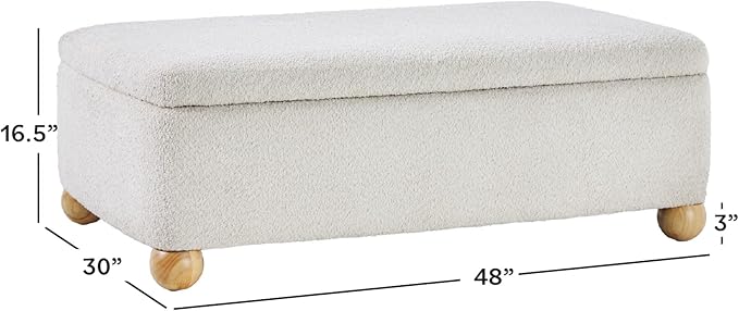 Walker Edison Linley Contemporary Large Storage Bouclé Ottoman with Wood Legs, Ivory