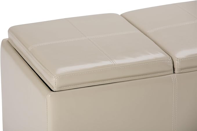 SIMPLIHOME Avalon 42 inch Wide Contemporary Rectangle Storage Ottoman in Satin Cream Vegan Faux Leather, Assembled, for the Living Room, Entryway and Family Room