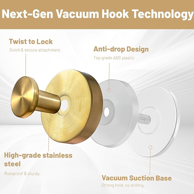 4 Pcs Suction Cup Hooks for Shower，Removable Hooks，Towel Hook，Suction Hook for Bathroom, Bedroom, Glass Window (Gold)
