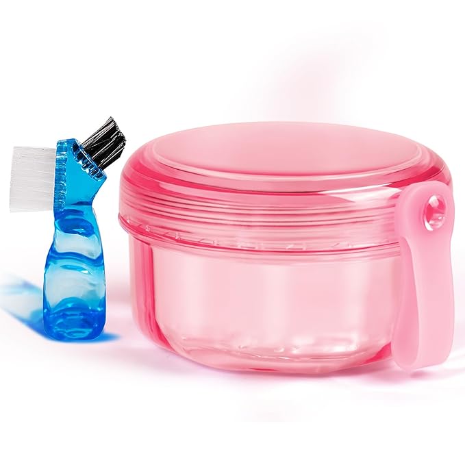 No Leak & Non-Slip Partial Denture Case Retainer Bath Box Cup, Denture Soaking Cup False Teeth Holder Box Case with Strainer Basket and Brush,Dishwasher safe - Transparent Pink